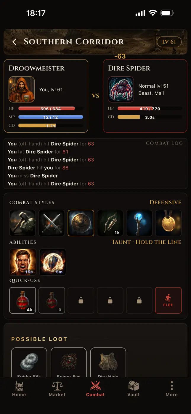 Real-time combat in Vireldan Idle, resolved on the server