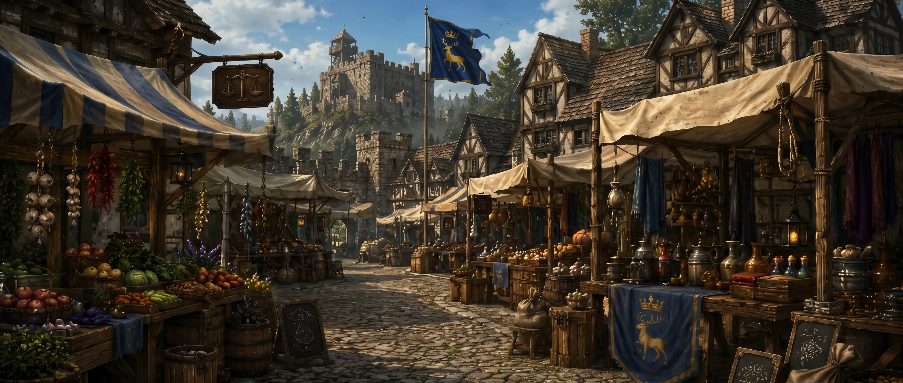 A lamplit market square in Vireldan, stalls trading under evening banners